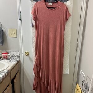 Elegant Asymmetrical Rust Dress with Ruffle Detail in Peach Color